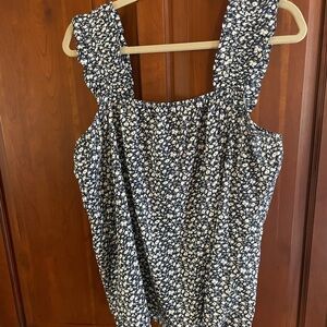 Floral Print Sleeveless Top - Blue and White